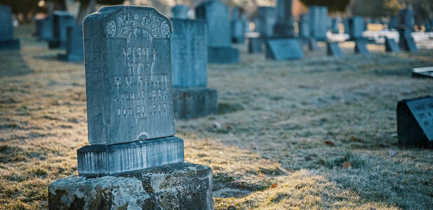 A gravestone illuminated by sunlight in a graveyard.